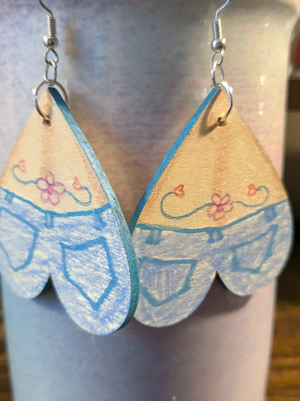 Hand-Painted Blue Denim Heart Drop Earrings - Picture 2 of 3
